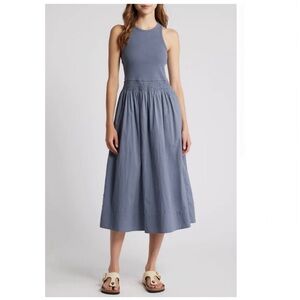 Faherty Grey Blue Tropical Rib Tank Midi Dress Organic Cotton​
